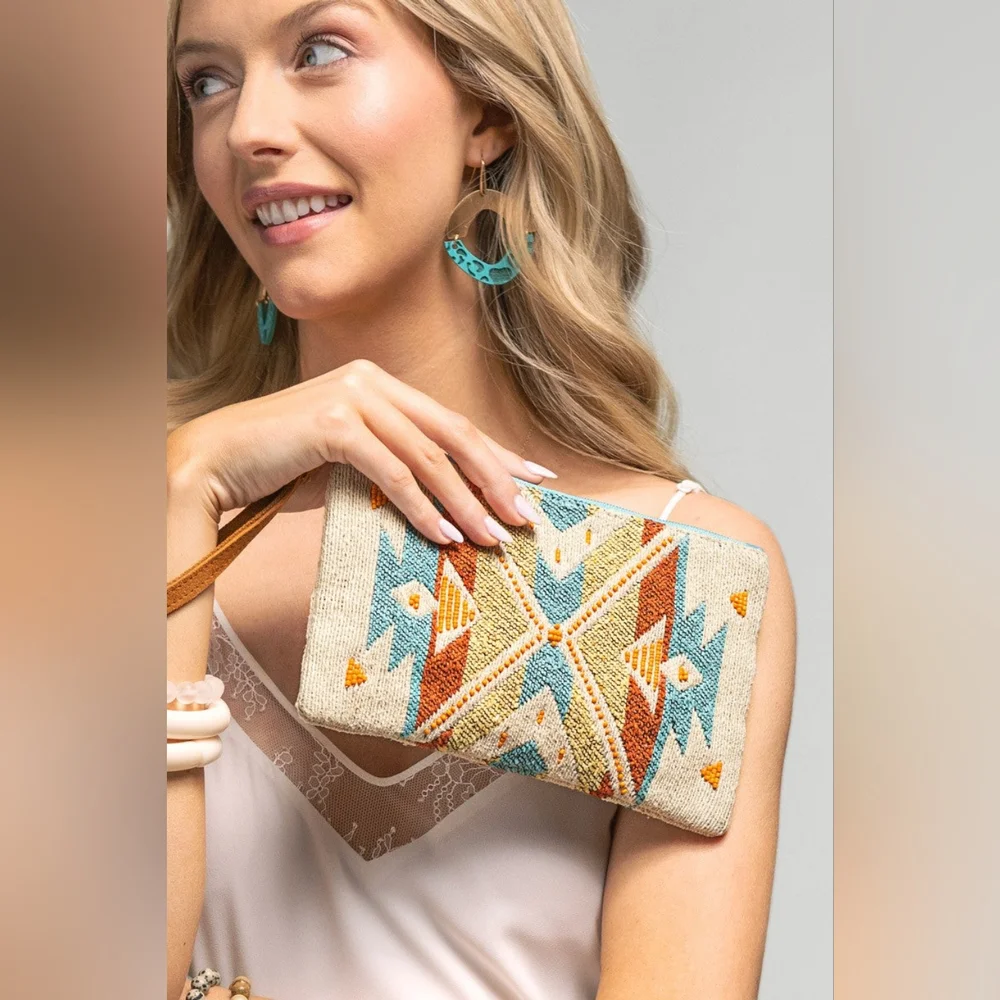 Handmade Hand Beaded Wristlet Clutch - Ethnic Inspired Design - Dyed Fine Cotton - Picture 6 of 6